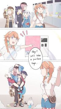 absurdres blonde_hair blue_eyes blue_hair blunt_bangs comic english_text feathers gashapon gawr_gura gawr_gura_(1st_costume) gradient_hair grey_hair hiding hiding_behind_another highres hololive hololive_english jhgardener long_hair mori_calliope mori_calliope_(streetwear) multicolored_hair multiple_girls ninomae_ina&#039;nis ninomae_ina&#039;nis_(casual) orange_hair pink_hair pointy_ears purple_hair speech_bubble streaked_hair takanashi_kiara takanashi_kiara_(casual) tentacle_hair virtual_youtuber watson_amelia watson_amelia_(street_casual)