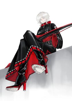 Rule 34 | 1girl, archery shooting glove, black boots, black jacket, black shoes, blue eyes, boots, bow (weapon), closed mouth, colored eyelashes, commentary, covered navel, cropped jacket, crossed legs, english commentary, expressionless, faust (project moon), full body, gloves, grey hair, high heel boots, high heels, highres, holding, holding bow (weapon), holding weapon, jacket, limbus company, long skirt, long sleeves, partially fingerless gloves, project moon, shi association east uniform, shoes, short hair, simple background, sitting, skirt, solo, weapon, white background, white eyelashes, white hair, wide sleeves, zio 444, zipper pull tab