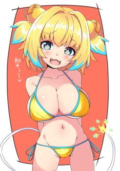 +_+ 1girl :3 aqua_hair arms_behind_back bare_shoulders bikini blonde_hair blue_eyes blue_hair blue_trim blush bombergirl breasts cleavage clover-shaped_pupils collarbone colored_tips commentary cowboy_shot explosive fangs flower-shaped_pupils fuse fuse_tail grenade grenade_hair_ornament groin hair_intakes hair_ornament highres kenzuishi large_breasts leaning_back lit_fuse looking_at_viewer medium_hair multicolored_hair navel open_mouth oppai_loli pine_(bombergirl) side-tie_bikini_bottom sideboob simple_background smile smug solo straight-on swimsuit symbol-shaped_pupils tareme two-tone_hair two_side_up underboob yellow_bikini yellow_pupils