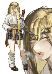 absurdres animal_print blonde_hair bonfire_(dark_souls) bra_visible_through_clothes braid breasts casual cellphone chibi chibi_inset circlet clothes_around_waist commentary dress_shirt elden_ring estus_flask flip_phone full_body gold_circlet gold_diadem gyaru hair_between_eyes hand_on_own_hip heavy_breathing highres holding holding_phone large_breasts leg_warmers leopard_print long_hair looking_at_phone miao_jiangyou multiple_views partially_unbuttoned phone pink_nails plaid_clothes plaid_skirt queen_marika_the_eternal rennala_queen_of_the_full_moon rope_braid school_uniform shirt single_braid skirt standing sweat sweater sweater_around_waist very_long_hair white_background white_shirt yellow_eyes