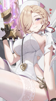 1girl absurdres black_gloves blonde_hair braid breasts closed_mouth commentary_request coronis_(springseek)_(stella_sora) coronis_(stella_sora) gloves hat highres holding holding_weapon keikei_(kitty_colors) large_breasts leotard looking_at_viewer mole mole_on_forehead nurse_cap official_alternate_costume smile solo stella_sora thighhighs weapon white_hat white_leotard white_thighhighs