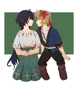 absurdres black_hair black_pants blonde_hair blush collarbone green_skirt hetero highres honkai:_star_rail honkai_(series) long_hair mikamizun pants short_hair signature sitting skirt yanqing_(honkai:_star_rail) yunli_(honkai:_star_rail)