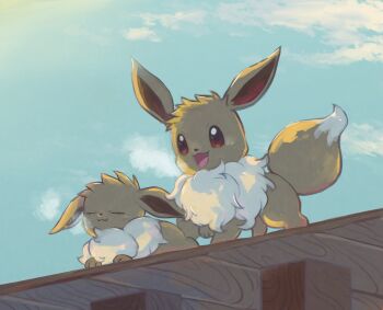 :3 :d brown_eyes closed_eyes closed_mouth cloud commentary_request day eevee gen_1_pokemon happy katiwari7293 lying nintendo no_humans on_stomach open_mouth outdoors pokemon pokemon_(creature) pokemon_focus sky smile solo standing tongue