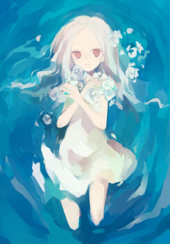 1girl albino bare_arms bare_shoulders closed_mouth cropped_legs dress floating_on_back flower grey_hair hair_spread_out highres holding holding_flower long_hair lying on_back on_water original petals ripples rose rose_petals short_dress sleeveless sleeveless_dress smile solo soto water white_dress white_flower white_rose