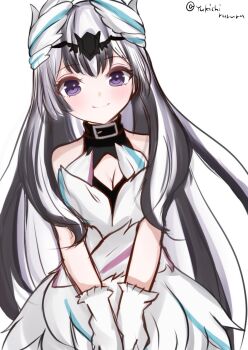 black_choker black_hair choker closed_mouth dress fire_emblem fire_emblem_engage gloves hair_ornament highres long_hair looking_at_viewer multicolored_hair nintendo purple_eyes smile twitter_username two-tone_hair very_long_hair veyle_(fire_emblem) white_background white_dress white_gloves white_hair wing_hair_ornament yukichi_(yukichi_rururu)