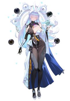 1girl absurdres black_bodysuit bodysuit bodysuit_under_clothes bowl breasts cleavage closed_eyes closed_mouth colored_eyelashes commentary_request covered_navel facing_viewer full_body goddess_of_victory:_nikke groin highleg highleg_leotard highres holding holding_tray large_breasts leotard leotard_over_bodysuit long_hair mechanical_arms mechanical_hands multicolored_leotard nayuta_(nikke) simple_background single_mechanical_arm single_mechanical_hand solo strapless strapless_leotard thigh_gap tray two-tone_leotard very_long_hair white_background white_eyelashes white_hair wonbin_lee