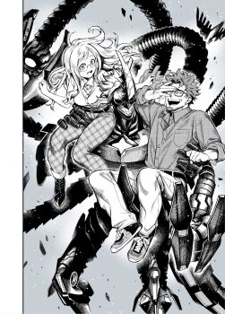 1girl 2boys all_might armor armored_gloves beard belt belt_buckle blush boku_no_hero_academia breast_pocket buckle buttons carrying carrying_person child_carry closed_eyes clothing_request collared_shirt colored_sclera cowboy_shot crack crosshatching curly_hair david_shield debris dress_shirt facial_hair floating_hair gb0071fg grey_background greyscale grin hand_on_another&#039;s_thigh hand_on_another&#039;s_waist hand_on_own_face hands_up happy hatching_(texture) high-waist_pants highres laughing long_hair mechanical_tentacles melissa_shield monochrome multiple_boys official_alternate_costume open_collar pants plaid_clothes plaid_pants pocket power_armor rimless_eyewear round_teeth science_fiction shirt shoes short_hair short_sleeves sidelocks sitting_on_shoulder sleeves_rolled_up smile sneakers spoilers swept_bangs tearing_up tears teeth three-quarter_sleeves turning_head unmoving_pattern upper_teeth_only wing_collar yagi_toshinori