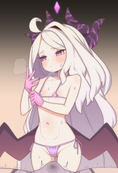 1boy 1girl absurdres adjusting_clothes adjusting_gloves ahoge bare_shoulders bikini black_horns blue_archive bori_(3910234) breath bulge collarbone commentary_request covered_erect_nipples demon_girl demon_horns demon_wings erection erection_under_clothes flat_chest gloves gluteal_fold gradient_background highres hina_(blue_archive) horns korean_commentary latex latex_gloves loli long_hair low_wings micro_bikini mixed-language_commentary multiple_horns navel parted_bangs pink_gloves purple_bikini purple_eyes purple_wings rubber_gloves side-tie_bikini_bottom single_hair_intake solo_focus standing sweat swimsuit trembling very_long_hair white_hair wings