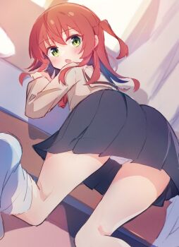 1girl ass bed black_skirt blush bocchi_the_rock! brown_sailor_collar brown_shirt choppy_bangs commentary crotch_seam dutch_angle film_grain foot_out_of_frame green_eyes haemori_ako highres indoors kita_ikuyo kneeling leaning_forward long_hair long_sleeves looking_at_viewer looking_back miniskirt no_shoes one_side_up open_mouth panties pantyshot pleated_skirt red_eyes sailor_collar school_uniform serafuku shirt shuka_high_school_uniform sketch skirt socks solo turning_head underwear white_panties white_socks