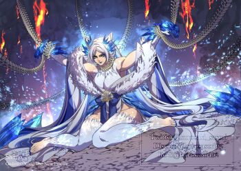 1girl aura blue_eyes blue_lips blue_nails bone bound breasts chain chain_leash chain_necklace chained clawed_gauntlets collar crossover cuffs godzilla_(series) godzilla_x_kong:_the_new_empire jewelry king_kong_(series) kurosaki_sasori large_breasts leash legendary_pictures long_hair monster_girl monsterverse necklace personification restrained ribs shackles shimo_(monsterverse) spine spines vapor very_long_hair white_hair