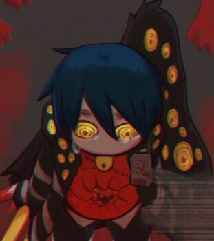 1other @_@ bandages black_coat black_pants black_wings blood blue_hair close-up coat commentary_request crying crying_with_eyes_open e.g.o_(project_moon) employee_(project_moon) extra_arms extra_eyes extra_mouth feathered_wings gender_request hallway holding holding_sword holding_walkie-talkie holding_weapon lobotomy_corporation long_sleeves nugget_(project_moon) pants project_moon red_shirt shirt short_hair single_wing static sword tears twilight_(e.g.o) twindeerbolos walkie-talkie weapon wings yellow_eyes