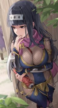 1girl black_eyes black_hair blunt_bangs bodystocking breasts cleavage closed_mouth commentary_request covered_navel fire_emblem fire_emblem_awakening fire_emblem_heroes fishnet_bodystocking fishnets forehead_protector hand_on_own_face haru_(nakajou-28) highres holding holding_scroll japanese_clothes large_breasts lips long_hair looking_at_another ninja nintendo official_alternate_costume official_alternate_hairstyle pink_lips pink_scarf robin_(fire_emblem) scarf scroll tharja_(fire_emblem) tharja_(ninja)_(fire_emblem)