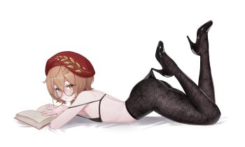 1girl absurdres ass beret black_bra black_pantyhose black_shoes blush book bra brown_eyes brown_hair clio_aite eyewear_strap flat_chest from_side glasses hashtag-only_commentary hat high_heels highres hooked_on_heel lace_pantyhose_hooked_on_heel_(meme) light_smile looking_at_viewer lying meme noelther_(artist) on_stomach open_book pantyhose parted_lips phase_connect pumps red_hat round_eyewear shoes short_hair simple_background solo strap_slip the_pose underwear virtual_youtuber white_background
