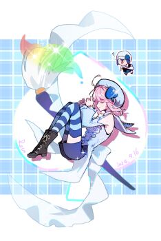 2girls ? absurdres ahoge amulet_spade back_bow bare_shoulders beret black_boots blue_background blue_bow blue_hair blue_hat blue_shirt blue_shorts blue_sleeves blue_thighhighs boots border bow center_frills cherilynorz chibi chinese_commentary closed_eyes coattails commentary_request dated detached_sleeves fetal_position footwear_ribbon frilled_sleeves frills guardian_chara hair_ornament hat high_heel_boots high_heels highres hinamori_amu lace-up_boots letterboxed long_sleeves lying magical_girl medium_hair miki_(shugo_chara!) multicolored_thighhighs multiple_girls on_side outside_border paintbrush parted_lips pink_hair plaid_background pointy_nose rainbow ribbon shirt shorts shugo_chara! signature sleeveless sleeveless_shirt spade_hair_ornament sparkle striped_clothes striped_thighhighs tailcoat thighhighs two-tone_thighhighs white_border white_ribbon