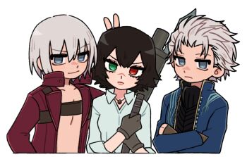 Rule 34 | 1girl, 2boys, blue coat, blue eyes, coat, crossed arms, dante (devil may cry), devil may cry, devil may cry (series), devil may cry 3, green eyes, heterochromia, iluvmyhamster69, jewelry, kalina ann (weapon), lady (devil may cry), looking at viewer, multiple boys, necklace, no shirt, red coat, red eyes, scar, scar on face, scar on nose, simple background, v, vergil (devil may cry), white background