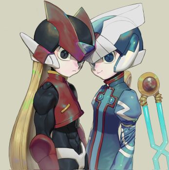 2boys armor black_eyes blonde_hair blue_eyes blue_helmet blue_robe cowboy_shot cyber_elf_x_(mega_man) detached_wings forehead_jewel grey_background halo helmet highres long_hair male_focus mega_man_(series) mega_man_zero_(series) multiple_boys nanhui_aria red_armor red_helmet robe simple_background wings x_(mega_man) zero(z)_(mega_man) zero_(mega_man)