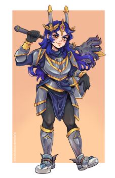 Rule 34 | 1girl, absurdres, armor, armored boots, blue gem, blue hair, boots, commentary, commission, crown, dang (runescape), english commentary, full body, gem, gloves, helmet, highres, holding, holding mace, holding unworn helmet, holding weapon, joanna went bananas, long hair, mace, old school runescape, orange eyes, original, plate armor, pointed crown, purple gem, runescape, second-party source, shoulder armor, simple background, smile, solo, standing, thick eyebrows, unworn headwear, unworn helmet, warrior, weapon, winged boots, yellow eyes