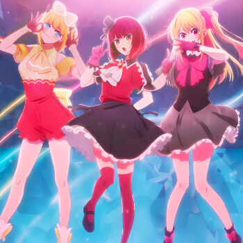 3girls :3 absurdres arima_kana ascot b-komachi_(new) black_shoes blonde_hair blue_eyes bob_cut bow demon_horns fake_horns gloves hair_between_eyes hair_bow hat highres horns hoshino_ruby idol idol_clothes inverted_bob long_hair looking_at_viewer memcho multiple_girls one_side_up open_mouth oshi_no_ko pink_eyes pop_in_2 red_eyes red_gloves red_hair red_shirt red_shorts red_socks shirt shoes short_hair shorts smile socks star-shaped_pupils star_(symbol) symbol-shaped_pupils