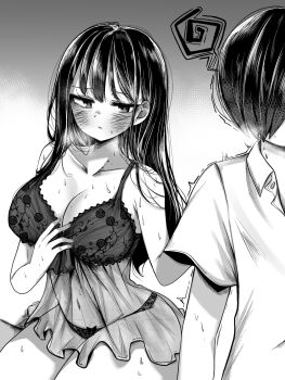 1boy 1girl ao_tanuki bare_shoulders blush boku_no_kokoro_no_yabai_yatsu breasts cleavage closed_mouth collarbone collared_shirt commentary_request faceless faceless_male greyscale highres ichikawa_kyoutarou lace lace_panties large_breasts lingerie long_hair mole mole_on_neck monochrome multiple_moles navel negligee panties see-through_clothes shirt short_hair sitting sweat trembling underwear underwear_only wide_hips yamada_anna