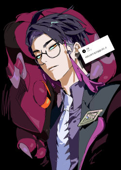 1boy 5oh5s2 absurdres antennae black-framed_eyewear black_hair black_jacket bug centipede closed_mouth collared_shirt colored_sclera corbeau_(pokemon) eyewear_strap gen_5_pokemon glasses highres jacket long_sleeves looking_at_viewer necktie nintendo open_clothes open_jacket parted_hair pokemon pokemon_(creature) pokemon_legends:_z-a purple_hair purple_shirt round_eyewear scolipede shirt short_hair short_sideburns undercut upper_body white_necktie yellow_eyes yellow_sclera