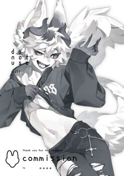 1boy absurdres animal_ears black_hoodie black_teeth clothes_lift colored_sclera colored_skin colored_teeth commentary_request commission cowboy_shot cross denim fingernails grey_sclera highres hood hoodie horns inverted_cross jeans looking_at_viewer male_focus mill_hka monster_boy original pants sharp_fingernails sharp_teeth shirt_lift simple_background sleeves_past_fingers sleeves_past_wrists slit_pupils solo stomach tail teeth torn_clothes torn_jeans torn_pants wallet_chain white_background white_eyes white_skin white_tongue