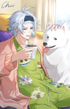 Rule 34 | 1boy, alternate costume, antenna hair, black headband, cardigan, chuideng, coffee, coffee mug, commentary request, cup, dog, green pajamas, headband, highres, holding, holding cup, honkai: star rail, honkai (series), indoors, male focus, mug, open mouth, pajamas, pet, phainon (chimerric park epilogue) (honkai: star rail), phainon (honkai: star rail), pink cardigan, print pajamas, signature, sitting, solo, white hair, window, yellow pupils