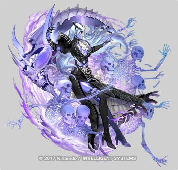 1girl asatani_tomoyo ascot black_dress black_eyeshadow black_lips bone boots closed_mouth copyright_notice dress elbow_gloves eyeshadow fingernails fire_emblem fire_emblem_heroes ganglot_(fire_emblem) gloves green_eyes grey_background high_heel_boots high_heels jewelry knee_boots lips long_dress long_hair makeup nintendo official_art scythe see-through_body see-through_clothes side_slit simple_background skeleton skull solo thigh_boots tiara weapon white_hair