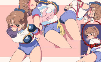 1girl arle_nadja armor arms_behind_back ball_gag bdsm blue_bow blue_leotard blush bondage bound bow breasts brown_eyes brown_hair closed_eyes cowboy_shot disembodied_hand edoya_inuhachi fingering fingering_through_clothes gag glaring grabbing_another&#039;s_breast grabbing_another&#039;s_chin grabbing_from_behind groping hair_bow half_updo hand_on_another&#039;s_chin heavy_breathing highres leaning_forward legs_apart legs_together leotard medium_breasts one_eye_closed open_mouth pauldrons pink_background ponytail puyopuyo rape red_rope restrained rope scowl shibari shirt short_hair shoulder_armor simple_background single_pauldron solo_focus sweat tears through_clothes white_shirt