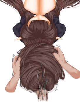 Rule 34 | 1girl, absurdres, bare legs, bebekp, brown hair, closed eyes, disembodied hand, disembodied penis, fate/apocrypha, fate (series), from above, grabbing another's hair, hair bun, hair flowing over, hair focus, hairjob, highres, holding another's hair, jacket, long hair, penis, pointy ears, semiramis (fate), simple background, single hair bun, sitting, suit jacket, very long hair, white background