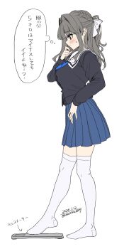 1girl absurdres bathroom_scale black_shirt blue_bow blue_bowtie blue_skirt blush bow bowtie breasts brown_eyes closed_mouth commentary_request from_side grey_hair hair_bow highres long_hair long_sleeves medium_breasts original pleated_skirt sailor_collar school_uniform shirt simple_background skirt solo speech_bubble sweatdrop thighhighs thought_bubble translation_request unasaka_ryou weighing_scale white_background white_bow white_sailor_collar white_thighhighs