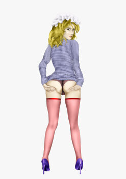 1girl blonde_hair blue_sweater clothes_pull from_behind hands_on_own_ass hat high_heels highres kams lace lace-trimmed_panties lace_trim looking_at_viewer looking_back maribel_hearn mob_cap panties purple_shoes red_panties red_thighhighs shoes short_hair simple_background smile sweater sweater_pull thighhighs touhou turtleneck turtleneck_sweater underwear white_hat yellow_eyes