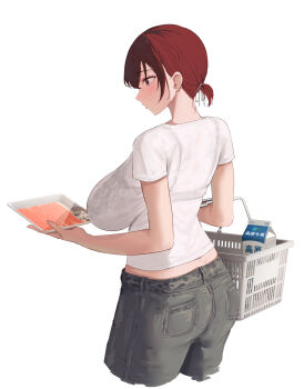 1girl absurdres aruhi_(pyxk7325) ass black_bra black_pants blush bra bra_visible_through_clothes breasts brown_hair commentary_request cropped_legs denim drink_carton food_packaging grey_eyes hair_ribbon highres jeans large_breasts milk_carton original pants parted_lips ribbon see-through_clothes shirt shopping_basket short_hair short_sleeves sidelocks simple_background solo standing t-shirt thighs underwear wet wet_clothes wet_shirt white_background white_shirt