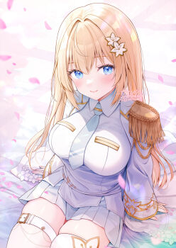 1girl akasaka_asa blonde_hair blue_eyes blue_necktie blue_skirt breasts collared_shirt commentary_request epaulettes flower gold_trim hair_flower hair_ornament highres indie_virtual_youtuber jacket karakuri_emily large_breasts long_hair long_sleeves looking_at_viewer necktie open_clothes open_jacket shirt single_epaulette sitting skirt smile solo thigh_strap virtual_youtuber white_flower white_jacket white_shirt