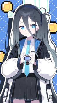 1girl absurdres aris_(blue_archive) black_hair black_skirt blue_archive blue_background blue_eyes blue_hairband blue_necktie closed_mouth collared_shirt commentary_request hairband halo highres holding jacket kei_(orange_robot)_(blue_archive) korean_commentary long_hair long_sleeves necktie notice_lines one_side_up open_clothes open_jacket outline pixelated pleated_skirt puffy_long_sleeves puffy_sleeves shirt skirt smile sprout_(haji_s) very_long_hair white_jacket white_outline white_shirt