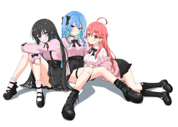 3girls absurdres ahoge belt black_boots black_bow black_bowtie black_hair black_ribbon black_skirt blue_eyes blue_hair blush boots bow bowtie breasts buttons collared_shirt felutiahime frilled_shirt frills full_body green_eyes hair_between_eyes highres hololive hoshimachi_suisei jirai_kei long_hair long_sleeves looking_at_viewer multiple_girls original pink_hair pink_shirt ribbon sakura_miko shirt skirt suspender_skirt suspenders virtual_youtuber