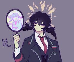 Rule 34 | 1boy, black coat, black eyes, black hair, black vest, closed mouth, coat, collared shirt, grey background, halo, hand mirror, head wings, holding, holding mirror, honkai: star rail, honkai (series), limbus company, long sleeves, mirror, necktie, project moon, red necktie, sang yi (project moon), shawncoquillage, shirt, simple background, smile, solo, upper body, vest, white shirt, wing collar, wings, yi sang (project moon)