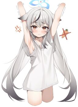 1girl animal_ears armpits arms_up blue_archive blue_halo bottomless breast_cutout brown_eyes collarbone cowboy_shot grey_hair hair_intakes halo highres kokona_(blue_archive) legs long_hair shirt simple_background solo um_111 white_background white_shirt