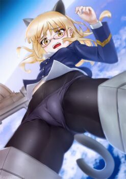 1girl animal_ears black_pantyhose breasts cameltoe carbon12th cat_ears cat_tail crotch_seam fat_mons female_focus flying foreshortening glasses gun highres long_hair long_sleeves looking_at_viewer machine_gun military military_uniform open_mouth paid_reward_available panties panties_under_pantyhose pantyhose perrine_h._clostermann shiny_skin small_breasts solo strike_witches striker_unit tail underwear weapon white_panties world_witches_series yellow_eyes
