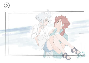 Rule 34 | 2girls, black sandals, blue eyes, blue shirt, blue shorts, carrying, closed mouth, collared shirt, commentary request, grey eyes, gundam, gundam suisei no majo, highres, long hair, miorine rembran, monto (user dmde2437), multiple girls, ocean, open mouth, outdoors, princess carry, red hair, sandals, scar, scar on arm, scar on face, shirt, short hair, shorts, smile, suletta mercury, thick eyebrows, toes, white hair, white shirt, yuri