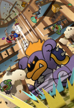 Rule 34 | ? block, annotated, artist name, bow (paper mario), bridge, brown shoes, clubba, commentary request, facial hair, gloves, ground pound, hat, highres, in-universe location, indoors, maribou (supermaribou), mario, mario (series), mustache, newsboy cap, nintendo, paper mario, paper mario (character), paper mario 64, red hat, sentinel (mario), shoes, treasure chest, tubba blubba, white gloves, white hair, window, yakkey (mario)