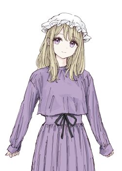 1girl blonde_hair closed_mouth commentary_request dress hat highres kashiwada_kiiho long_hair long_sleeves looking_at_viewer maribel_hearn mob_cap purple_dress purple_eyes smile solo touhou white_background