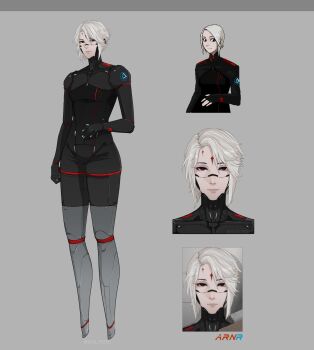 black_gloves fingerless_gloves gloves grey_background hair_between_eyes highres label_girl_(dipp) mechanization military military_uniform nixaluminos red_eyes robot short_hair signalis star_(symbol) stilts white_hair