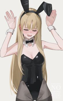 Rule 34 | 1girl, animal ear hairband, animal ears, black bow, black bowtie, black leotard, black pantyhose, blonde hair, bow, bowtie, closed eyes, detached collar, facing down, facing viewer, fake animal ears, gosugasu, grey background, hairband, highres, leotard, long hair, nijisanji, pantyhose, playboy bunny, rabbit ears, rabbit pose, sister claire, solo, strapless, strapless leotard, thighband pantyhose, virtual youtuber, wrist cuffs