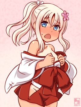 1girl alternate_costume alternate_hairstyle artist_logo blonde_hair blue_eyes blush commentary_request cowboy_shot dark-skinned_female dark_skin dated flower gradient_background hair_flower hair_ornament hakama hakama_short_skirt hakama_skirt japanese_clothes kanon_(kurogane_knights) kantai_collection kimono kimono_partially_removed logo long_hair miko nose_blush one-hour_drawing_challenge one-piece_tan pink_background ro-500_(kancolle) skirt solo tan tanline white_kimono