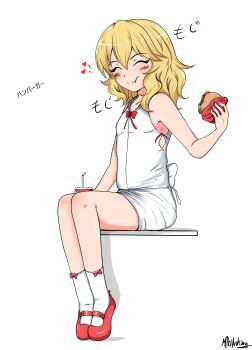 Rule 34 | 1girl, bare arms, bare legs, bare shoulders, blonde hair, blush, bow, bowtie, breasts, burger, closed eyes, closed mouth, cup, disposable cup, dress, drinking straw, eating, food, full body, hair between eyes, heart, highres, holding, holding cup, holding food, idolmaster, idolmaster cinderella girls, knees, mrhunking, red bow, red bowtie, red shoes, sakurai momoka, shoes, short dress, short hair, simple background, sitting, sleeveless, sleeveless dress, small breasts, smile, socks, solo, thighs, translation request, white background, white dress, white socks