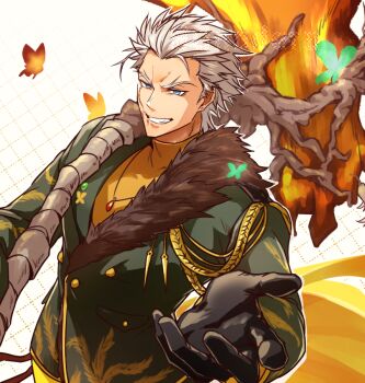 0nodera 1boy black_gloves blue_eyes commentary_request earrings fate/grand_order fate_(series) forked_eyebrows gloves green_jacket grey_hair grin jacket jewelry long_sleeves looking_at_viewer male_focus nagakura_shinpachi_(fate) scar scar_on_face shirt sideburns smile solo turtleneck turtleneck_shirt upper_body yellow_shirt