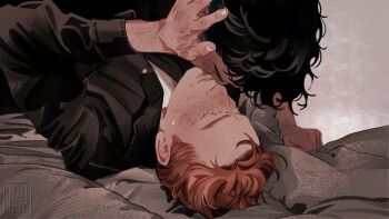 2boys arm_hair bed_sheet black_hair black_jacket blush commentary dark-skinned_male dark_skin english_commentary eyelashes hand_on_another&#039;s_face highres jacket long_sleeves lying male_focus multiple_boys noahdeaart on_back original parted_lips red_hair sheet_grab short_sideburns yaoi