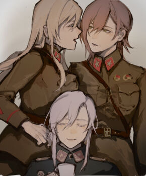 3girls belt blonde_hair breasts collar_tabs cup genderswap genderswap_(mtf) georgy_zhukov grey_hair hearts_of_iron highres kliment_voroshilov medium_breasts mikhail_tukhachevsky military_dress_uniform military_uniform multiple_girls red_hair sam_browne_belt shoulder_boards soviet soviet_army tagme teacup the_new_order:_last_days_of_europe yakouf