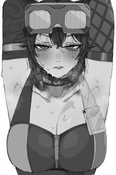 1girl armpits arms_up blush breasts carrot_011 crop_top doodles from_side grace_howard greyscale hair_between_eyes half-closed_eyes highres large_breasts looking_at_viewer monochrome parted_lips sidelocks simple_background sketch solo sweat sweatdrop upper_body zenless_zone_zero