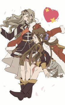 Rule 34 | 1girl, black footwear, black skirt, blonde hair, brown hair, cape, commentary, fur-trimmed cape, fur trim, grey skirt, hair ornament, hairband, hairclip, hgus1128, highres, looking to the side, multiple girls, pleated skirt, saijo claudine, shoujo kageki revue starlight, simple background, sitting, skirt, standing, untranslatable commentary, tendo maya, white background, x hair ornament